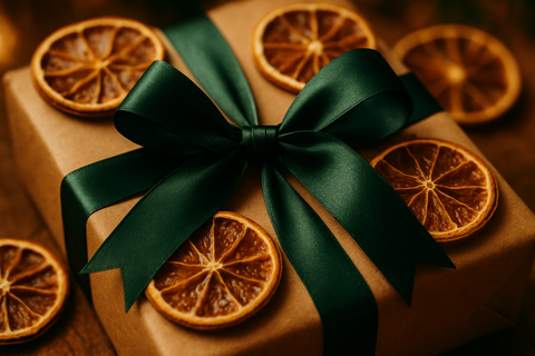 a kraft gift box witha close up of a dark green ribbon tied in a bow with dried orange slices. very frstive
